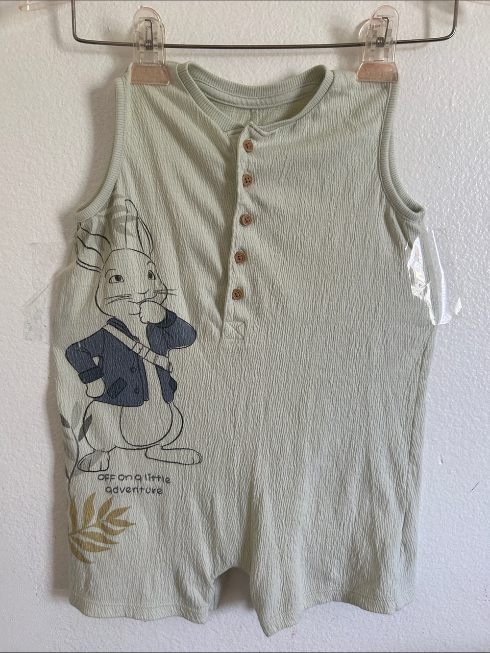 George Light Sage Tank Romper with peter Rabbit Graphic